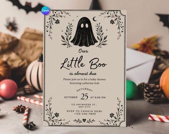 A Little Boo is Almost Due Halloween Baby Shower Invitation Template Spooky Gender Reveal Black Floral Gothic Invite Cute Spooky Baby Shower