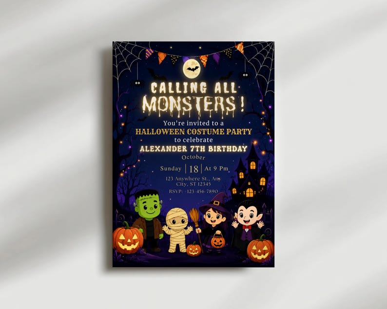 monster bash invite, boo birthday invite, costume party invite, kids costume invite, spooky fun invite, halloween invitation, monsters party card, spooky party invite, editable invite, halloween birthday, instant download, kids costume party, trick or treat card