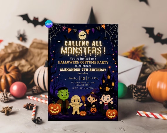 Calling All Monsters Halloween Invitation | Kids Costume Party Birthday Invite | Editable Digital Download | Spooky Birthday Card