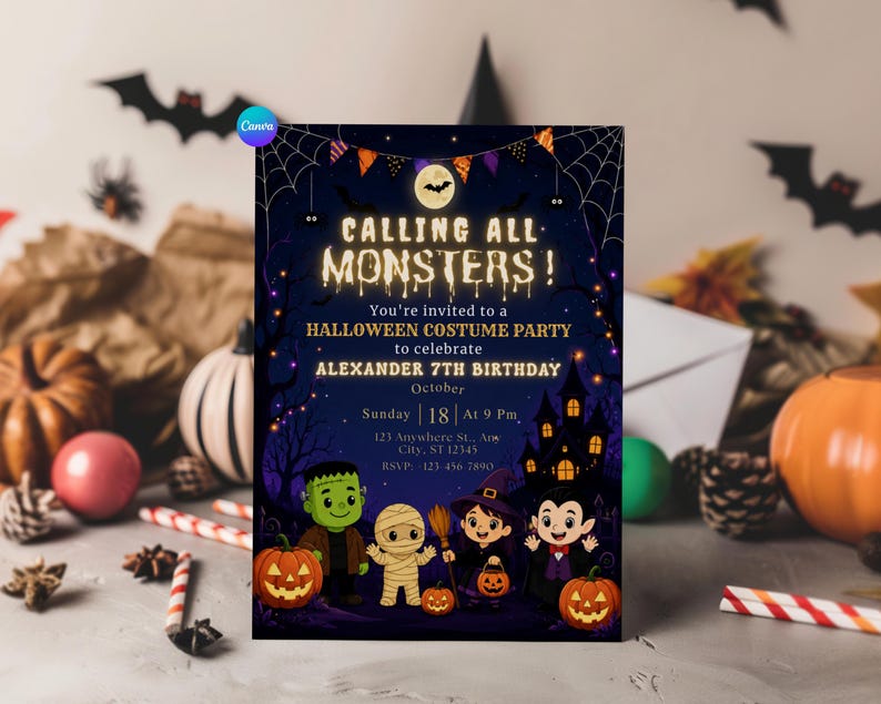monster bash invite, boo birthday invite, costume party invite, kids costume invite, spooky fun invite, halloween invitation, monsters party card, spooky party invite, editable invite, halloween birthday, instant download, kids costume party, trick or treat card