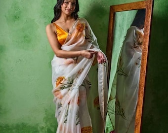 White Tebi Silk Floral Digital Print Saree with Handcrafted Pearl Border and Designer Blouse