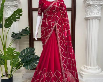 Sari vermelho de designer para convidada de casamento, sari de seda Fendy com bordado de lantejoulas, sari para Karva Chauth, traje festivo indiano para mulheres.