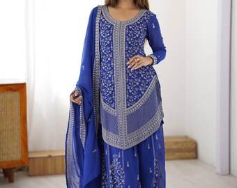 Conjunto Sharara em Georgette Azul Royal com Calça Palazzo em Seda Chinon Sombreada