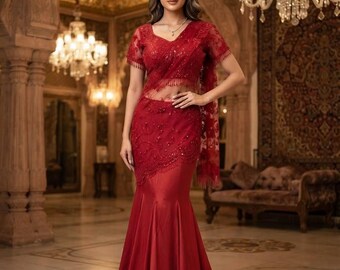 Vestido de sari vermelho pré-drapeado, conjunto lehenga sereia, vestido de recepção de casamento indiano com lantejoulas, traje indo-ocidental, sari de coquetel pronto para usar