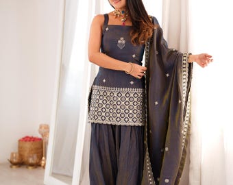 Carvão cinza vichitra seda punjabi farshi shalwar kameez sequência zari trabalho kurti conjunto espelho borda dupatta costurado terno de casamento
