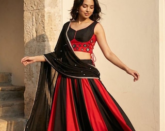 Lehenga Choli em algodão preto e vermelho: 8 metros de largura, blusa com bordado de espelhos, roupa indiana para festa.