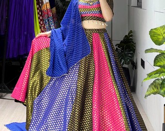 Banarasi de seda macia multicolorida tecendo Lehenga Choli com trabalho Kaudi
