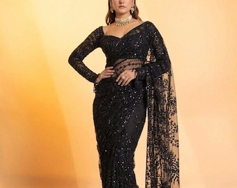 Black Butterfly Net Sequin Saree with Embroidered Blouse Piece and Pallu Zalar Tassels