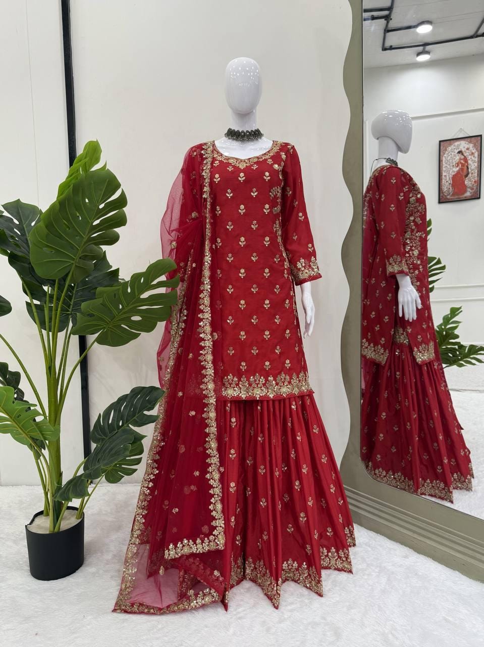 white and gold prom dresses with sleeves Sharara Set for Women | Hand Mirror Work Party Wear Sharara Suit