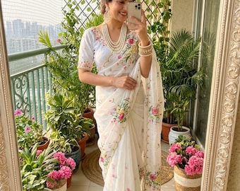 Ivory Floral Teby Silk Saree with Cutdana Pearl Khatli Handwork Border Blouse Set
