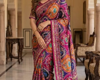 Ajrakh Print Roman Silk Saree with Real Mirror Work and Kodi Latkan for Women