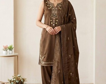Conjunto Kurta Romana em Vidro Bronze com Borlas de Moedas, Traje Paquistanês, Roupa para Convidada de Casamento Indiano, Salwar Kameez Marrom, Vestido para Festa de Eid