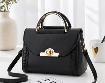 Women's Structured Leather Satchel, Top Handle Crossbody Shoulder Bag, Elegant Lock Tote