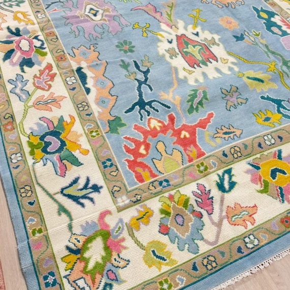 Colorful Blue Oushak Rug Hand Knotted Wool Turkish Carpet 8x10 9x12 Boho Eclectic Floral Area Rug Vibrant Pink Yellow Green Rugs Living Room