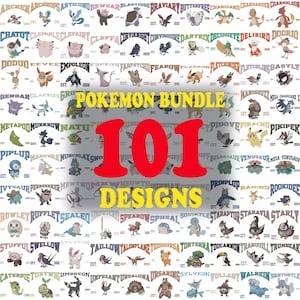 Puede incluir: Una colección de 101 diseños de Pokémon, cada uno con un nombre e imagen de personaje diferentes. Los diseños están dispuestos en una cuadrícula, con las palabras "Pokemon Bundle" y "101 Designs" en amarillo y rojo.