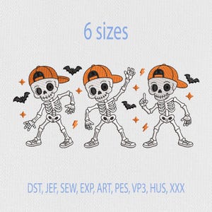 May include: An embroidery design featuring three white skeletons wearing orange baseball caps, depicted in various poses with small black bats and orange star and lightning bolt accents. The text 6 sizes is at the top, and file formats are at the bottom.