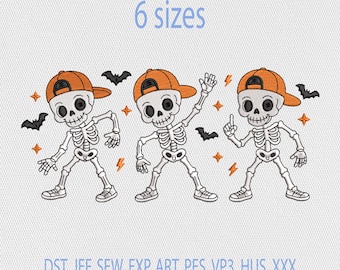 May include: An embroidery design featuring three white skeletons wearing orange baseball caps, depicted in various poses with small black bats and orange star and lightning bolt accents. The text 6 sizes is at the top, and file formats are at the bottom.