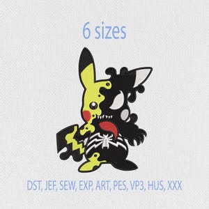 Op de afbeelding: Een borduurontwerp met een gespleten karakterafbeelding, half geel en half zwart, met een rode tong en een wit spinnenembleem. De tekst 6 sizes staat bovenaan en de bestandsformaten DST, JEF, SEW, EXP, ART, PES, VP3, HUS, XXX staan onderaan.