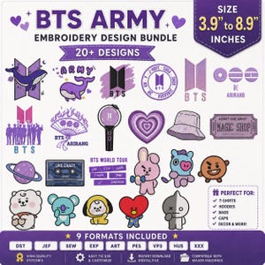 Op de afbeelding: Een digitaal borduurontwerppakket met meer dan 20 paarse BTS-afbeeldingen, waaronder logo's, personages en iconen. De afbeelding toont diverse ontwerpen van 9,9 tot 22,6 cm, met tekstlabels en 9 bijgevoegde bestandsformaten.