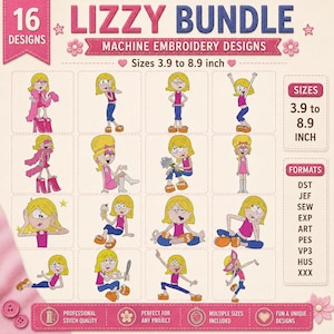 16 Lizzy maskinbroderimönster, Y2K retro tecknad flicka bunt (digital fil)