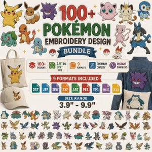 Può includere: Una collezione digitale di oltre 100 ricami Pokémon con vari personaggi come Pikachu, Eevee e Gengar. Il pacchetto include 9 formati di file, dimensioni da 9,9 cm a 25,1 cm ed esempi applicati su una borsa, un cappellino e una giacca.
