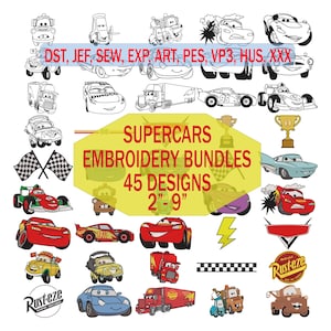 Puede incluir: Una colección de 45 diseños de bordado con varios coches de carreras, camiones e iconos de carreras. La imagen incluye el texto SUPERCARS EMBROIDERY BUNDLES 45 DESIGNS 5-23 cm y formatos de archivo DST, JEF, SEW, EXP, ART, PES, VP3, HUS, XXX.