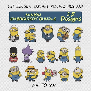 Könnte beinhalten: Ein digitales Stickmuster-Set mit 15 gelben Minion-Figuren in verschiedenen Outfits und Posen. Der Text oben lautet DST, JEF, SEW, EXP, ART, PES, VP3, HUS, XXX, MINION EMBROIDERY BUNDLE, 15 Designs. Der Text unten lautet 3.9 TO 8.9.