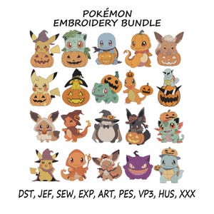 Puede incluir: Una colección digital titulada POKÉMON EMBROIDERY BUNDLE que presenta veinte ilustraciones de varios personajes Pokémon interactuando con calabazas y usando disfraces de Halloween. Los formatos de archivo listados al pie son DST, JEF, SEW, EXP, ART, PES, VP3, HUS y XXX.
