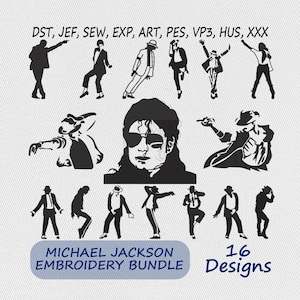 Könnte beinhalten: Schwarz-weiße Stickdesigns mit Michael Jackson in verschiedenen Posen. Das Bild enthält den Text "MICHAEL JACKSON EMBROIDERY BUNDLE" und "16 Designs". Dateityp-Abkürzungen sind ebenfalls enthalten.