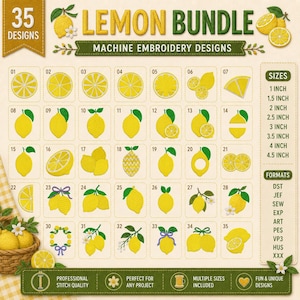 May include: A digital catalog of 35 lemon-themed machine embroidery designs. The grid displays various yellow lemon illustrations, including whole fruits, slices, and branches with leaves. Text includes '35 DESIGNS', 'LEMON BUNDLE', and file formats.