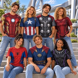 Pode incluir: Um grupo de sete pessoas veste t-shirts de manga curta com designs de super-heróis da Marvel, incluindo Iron Man, Captain America, Thor, Scarlet Witch, Spider-Man, Doctor Strange e Black Panther, combinadas com calças de ganga azuis.