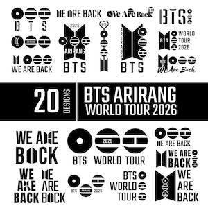 Puede incluir: Una colección de diseños en blanco y negro con temática BTS, que incluye logotipos, texto y gráficos. El texto incluye "BTS", "We Are Back", "Arirang" y "World Tour 2026". La imagen presenta varias formas circulares y geométricas.