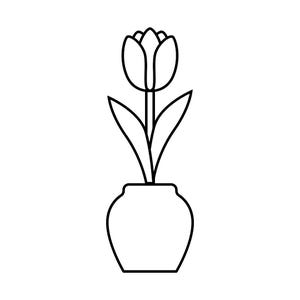 May include: A black and white line drawing of a tulip in a vase. The tulip has a closed bud, two leaves, and a stem. The vase is a simple, rounded shape.