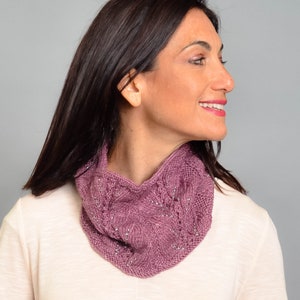 May include: A mauve knitted cowl with a delicate cable pattern and silver embellishments.