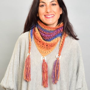 READY TO SHIP - Hand Knit Triangle Scarf with Decorative Shell Rings and Fringes - Trio Scarf