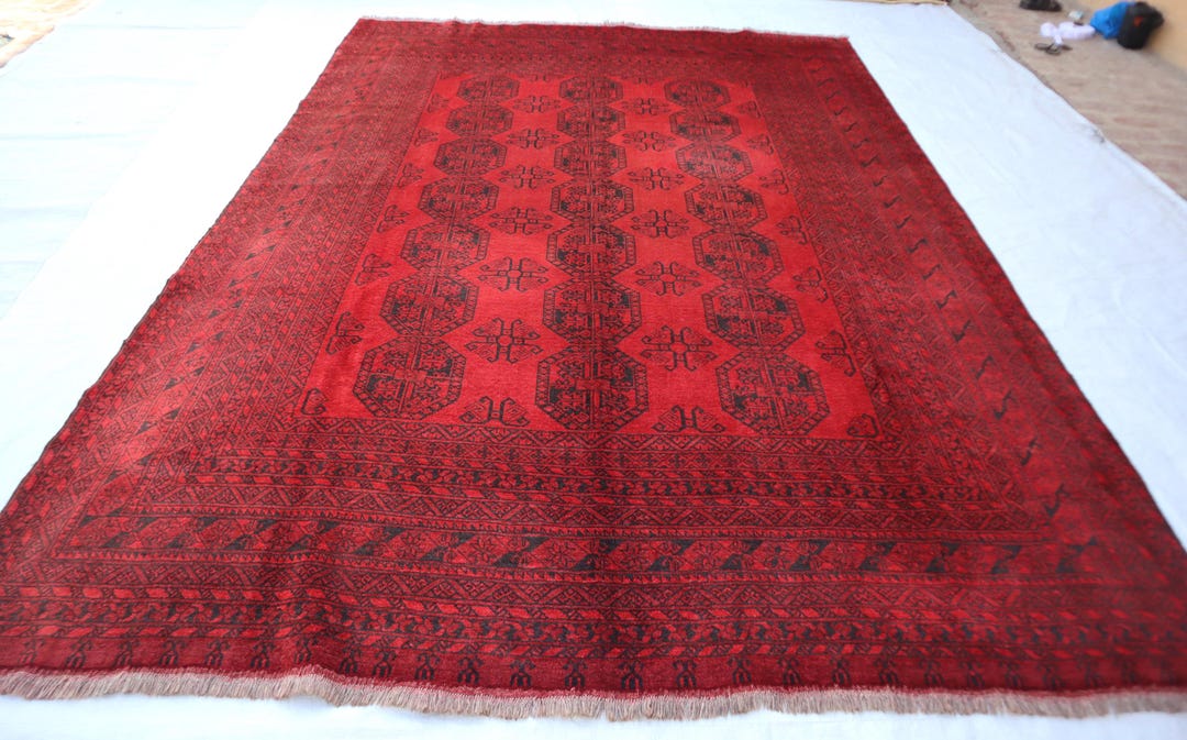 Red Vintage Ersari Bukhara Wool Rug, Hand Knotted Afghan Tribal Decor ...