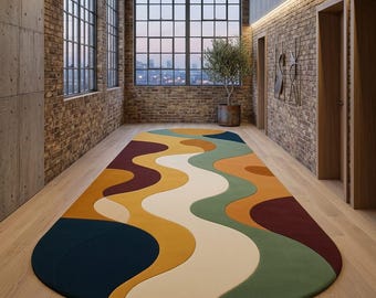 Alfombra abstracta moderna, alfombra con estampado ondulado colorido, alfombra contemporánea llamativa, decoración moderna de mediados de siglo,