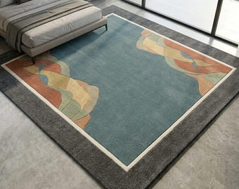 Teal Blue Abstract Area Rug, Colorful Border Carpet, Modern Living Room Floor Rug