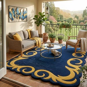 May include: An outdoor patio scene featuring a blue rug with a yellow scroll design. A gray sofa with yellow pillows and a blanket sits near a glass-topped coffee table. A wooden chair and potted plants complete the scene.