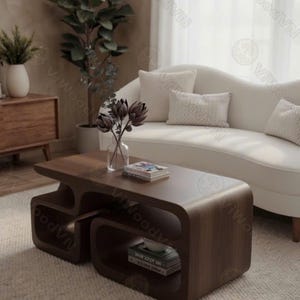 May include: A modern, dark brown wooden coffee table with a unique, curved design. The table has open storage compartments and sits on a light-colored rug. A vase of flowers and books are on the table. The room has a sofa and a large plant.