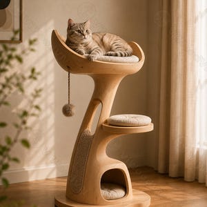 May include: A light-coloured wooden cat tree with multiple levels and a built-in scratching post. The cat tree has a crescent-shaped top perch with a beige cushion, a middle platform, and a bottom enclosed bed. A tabby cat is resting on the top perch.