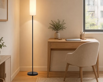 Lampadaire LED noir moderne avec abat-jour tambour en tissu, éclairage sur pied à intensité variable pour le salon et la chambre à coucher
