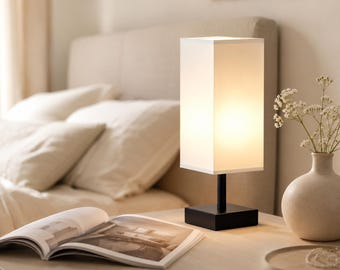 Lámpara de mesa blanca, lámpara de mesita de noche moderna con pantalla de tela y base de metal negro para dormitorio, sala de estar, dormitorio universitario.