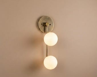 Modern Brass Double Globe Sconce, Mid Century Minimalist Wall Light Fixture
