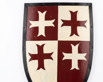 Knight Templar Shield Wall Decor, Wooden Crusader Cross Shield, Gothic Castle Accent