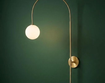 Modern Gold Arc Sconce, Mid Century Brass Globe Light, Frosted Glass Shade