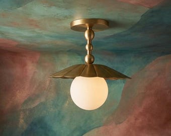 Brass Semi Flush Mount Light, Pleated Globe Glass Ceiling Lamp, Mid Century Modern Fixture