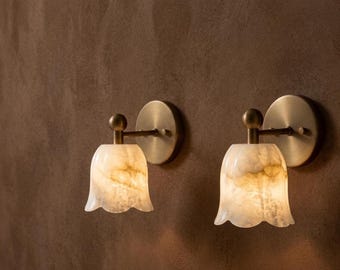 Brass Wall Sconce Set, Marble Glass Shade, Minimalist Vanity Light Pair