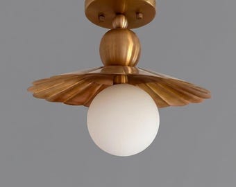 Brass Lotus Flush Mount Ceiling Light, Frosted Globe Art Deco Lamp
