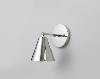Polished Silver Metal Wall Sconce, Minimalist Cone Shade Lamp, Industrial Lighting Fixture